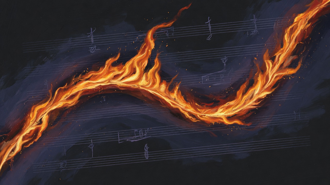 A ribbon of flame rising and falling across a dark field of musical staves, like a pitch contour drawn in fire.